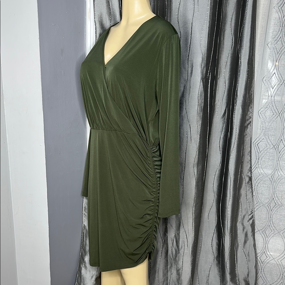 Michael Kors Women Dress Sz XL Khaki Ivy Faux Wrap Draped Side .
